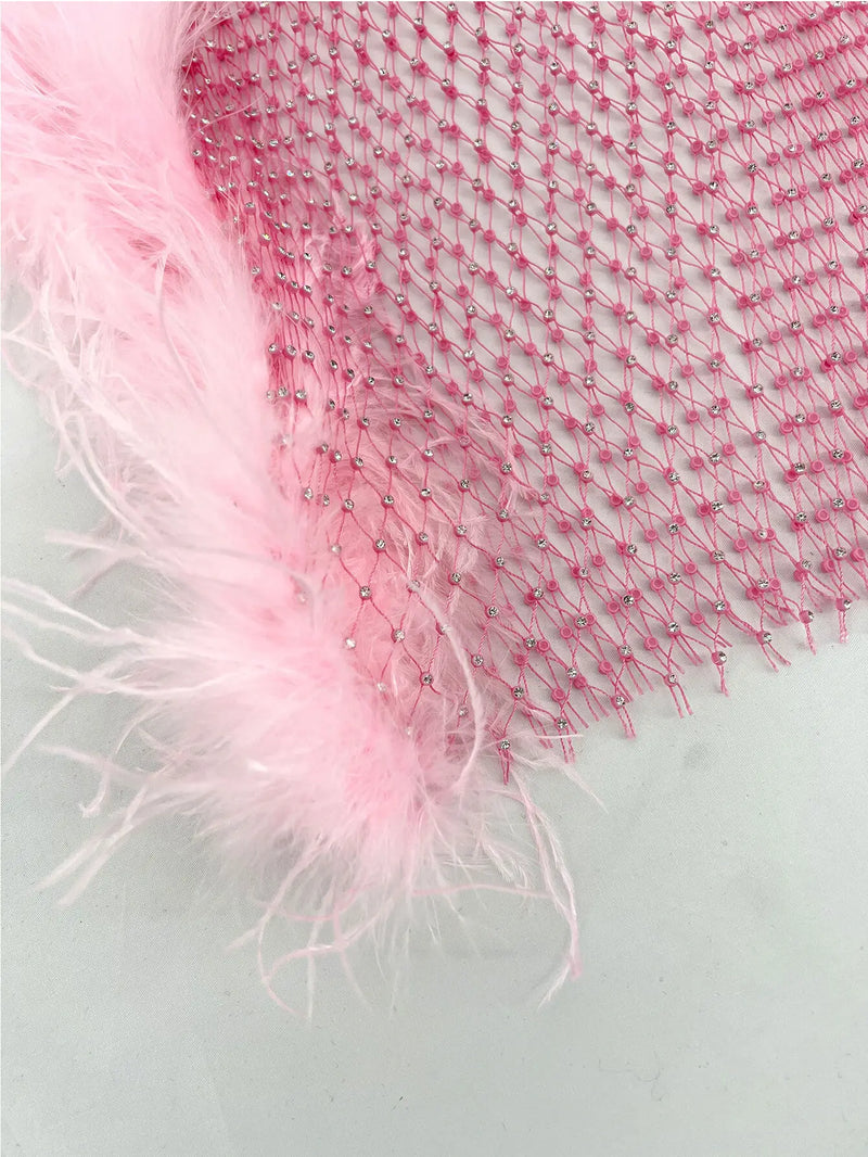 Pink Sparkle Fishnet Party Dress Faux Feather Trim